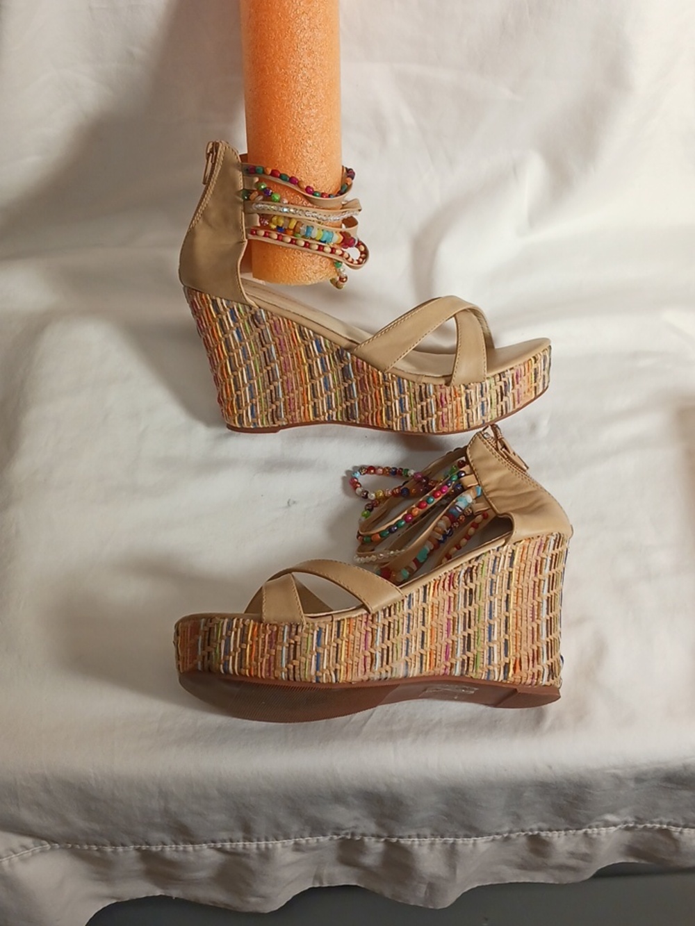 Getmorebeauty Beaded Ankle-Strap Wedge Sandals in Neutral Raffia